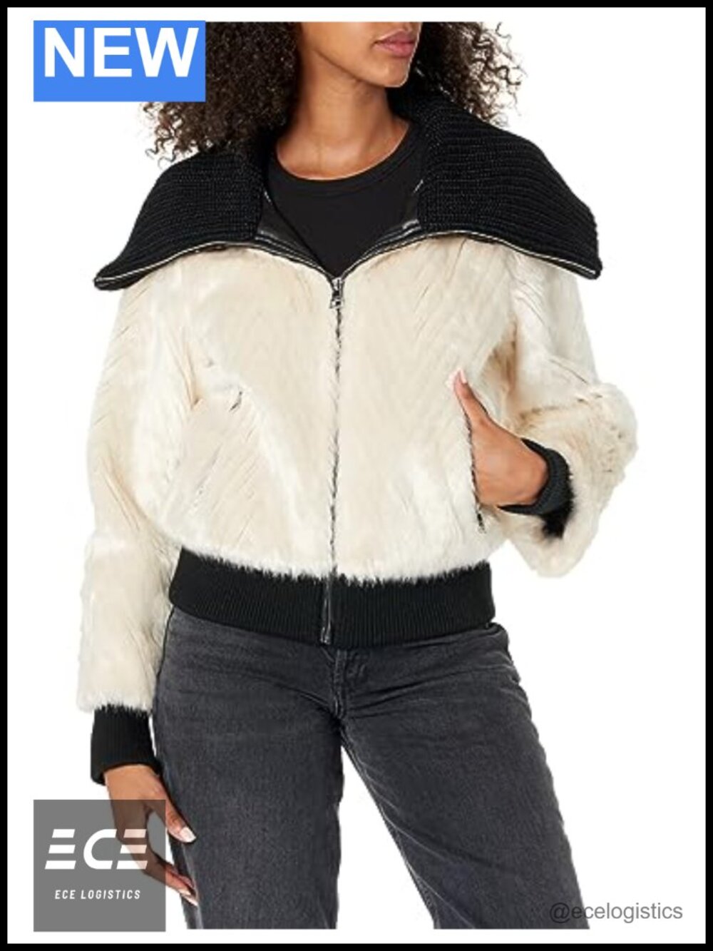 Faux Fur Jacket with Sweater Knit Collar and Zipper Pockets